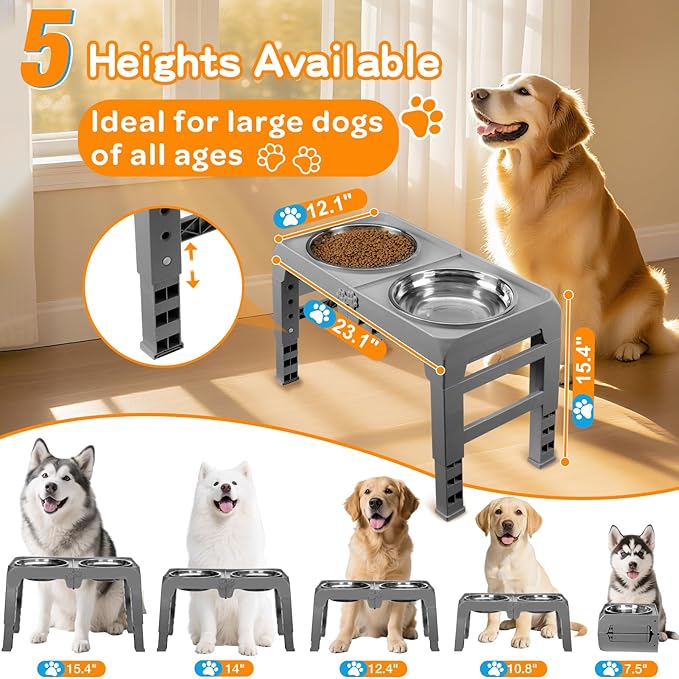 Elevated Dog Bowls for Large Dogs 5 Adjustable Heights 7.5"-15.4", 2 X-Large 10” Stainless Steel Bowls, Heavy Duty Raised Dog Bowl Stand Foldable Pet Feeder for Dogs Shoulder Height Over 15”, Grey - Image 2
