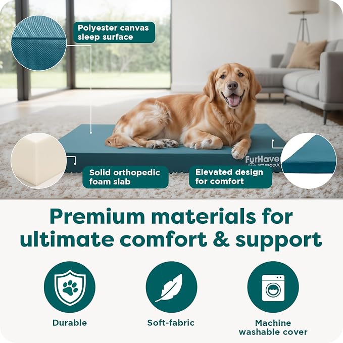 FurHaven Water-Resistant Orthopedic Dog Bed for Large Dogs, Oxford Polycanvas Mattress, Solid Orthopedic Foam Slab for Joint Support, Removable Washable Cover, Jumbo Plus/XXL, Deep Lagoon - Image 5
