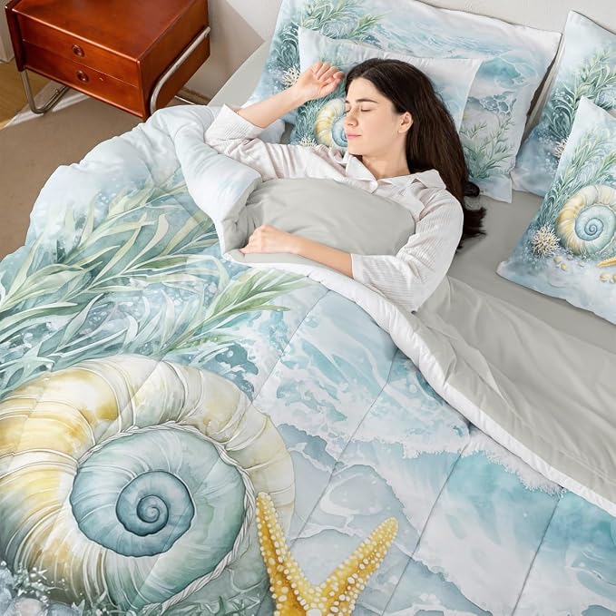 Erosebridal Shell Coral Starfish 7-Piece Bedding Set for Kids, Blue Ocean Coastal Theme King Comforter Set with Sheets, Summer Beach Nautical Bed in A Bag, Sea Waves Ocean Life Bed Sets - Image 7