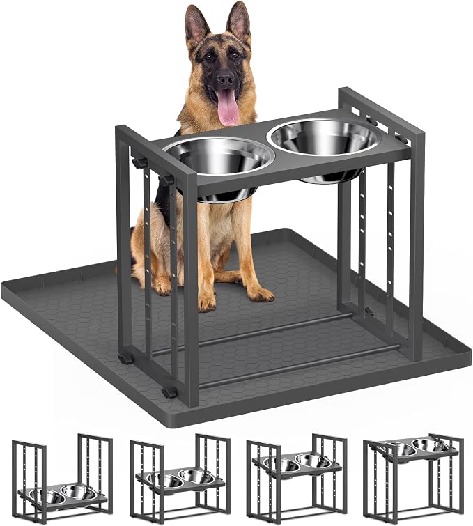 Elevated Dog Bowl for Medium Breed, Height Adjustable Feeder with Mat, Grey | Adjustable Height at 15°Tilted Angle, Lightweight, Nonslip, All-Iron Structure, Stainless Steel bowls, Easy Assembly Cleaning by Pawtners