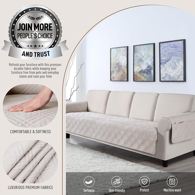 TAOCOCO Waterproof Oversized Couch Covers for Pets Dogs with Non Slip Backing, Sofa Seat Covers with Pocket for 4 Cushion Couch Washable Dog Couch Protector Sofa Slipcovers(Oversized Sofa, Cream) - Image 2