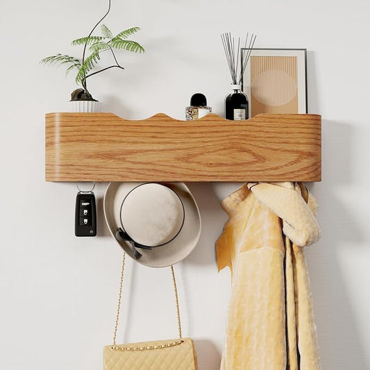Coat Rack Wall Mount with Shelf 4 Hidden Hooks Modern Wooden Key Holder Entryway Organizer for Hallway Bedroom Bathroom Home Decor Storage for Hanging Coats Hats Bags Towels, Wave-Shape Oak by Jadoxy
