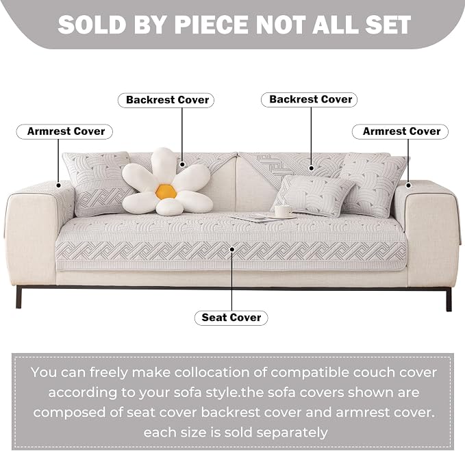 vctops Solid Color Cotton Quilted Sofa Couch Cover Weave Pattern Soft Sectional Couch Covers Embroidery Non-Slip Sofa Slipcover for Dogs, Children, Pets Furniture Protector (Light Grey,43"x94") - Image 2