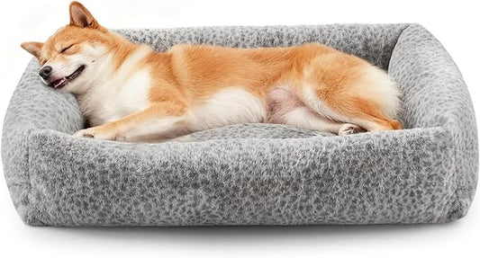 JOEJOY Large Dog Beds Large Sized Dog, Removable Washable Cover Orthopedic Soft Faux Rabbit Fur Pet Bed, Anti-Slip Fluffy Plush Faux Rabbit Fur Puppy Bed, 36"x27"x8", Leopard Print, Grey by JOEJOY