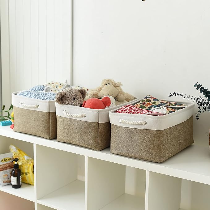 TheWarmHome Storage Basket for Organizing - 16x12x8 inch Large 3 Pack Collapsible Storage Bin for Shelves with Handles, Fabric Storage Cubes for Organizer Cloth Gift Toy Closet (Whiet & Khaki) - Image 5