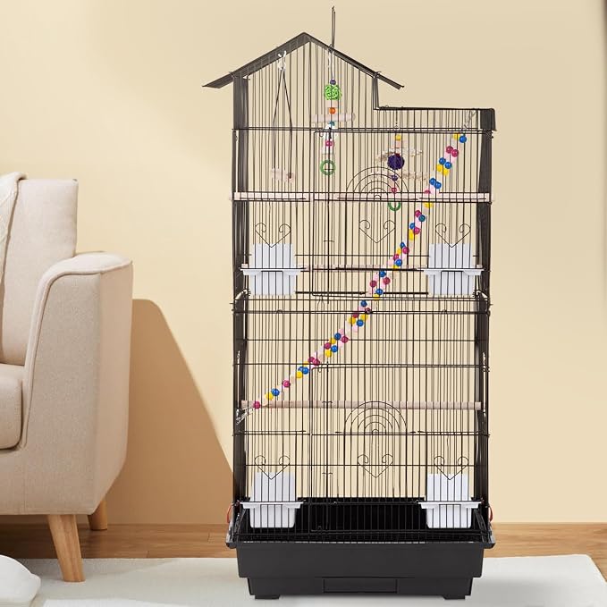 FDW 39 Inch Bird Cage Parakeet Cage with Play Top Rolling Stand & Easy Clean Pull-Out Tray Roof Top Parrot Cage for for Finches Canaries Parakeets Cockatiels & Other Small Birds, Black - Image 7