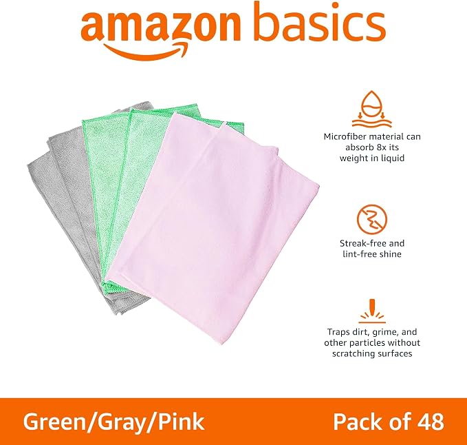 Amazon Basics Microfiber Cleaning Cloths, Ultra Absorbent, Scratch-Free, Non-Abrasive, Reusable and Washable, 16" x 12", Green/Gray/Pink, 48-Pack - Image 2