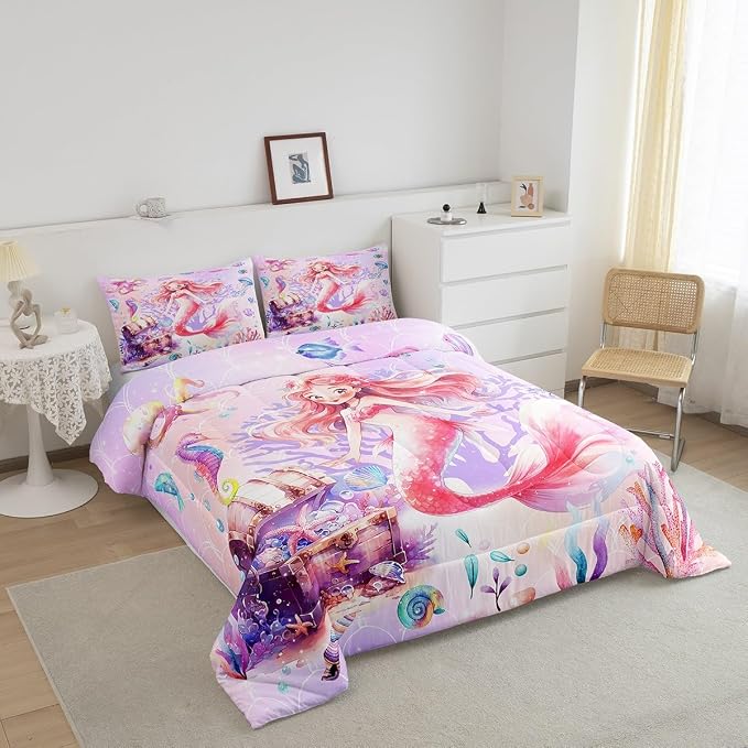 Manfei Mermaid Girls Twin Comforter Set,Watercolor Pink Mermaid Bedding Set for Kids Room Decor,Dreamy Fish Scale Duvet Set,Cute Octopus Blankets,6 Year Old Girl Birthday Gift Ideas - Image 2