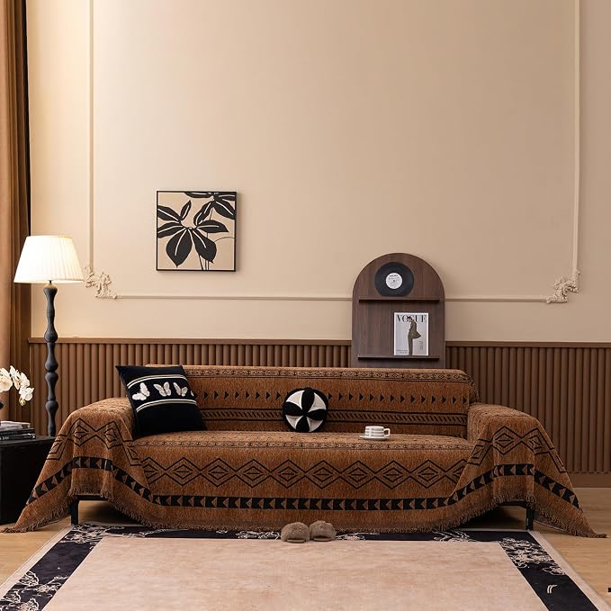 VClife Bohemian Couch Cover for Dog, Plush Thick Chenille Aztec Couch Cover for 3-4 Cushion Couch Sofa Pet Friendly Sofa Slipcover with Tassel 71"X150" - Image 3