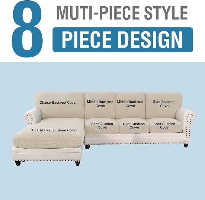 H.VERSAILTEX Sectional Couch Covers 8 Pieces Stretch Sofa Cover for Sectional Sofa Set Separate L Shaped Couch Cover for Both Left/Right Couch (Seat and Back: 1 Chaise + 3 Sofa, Island Fossi) - Image 2