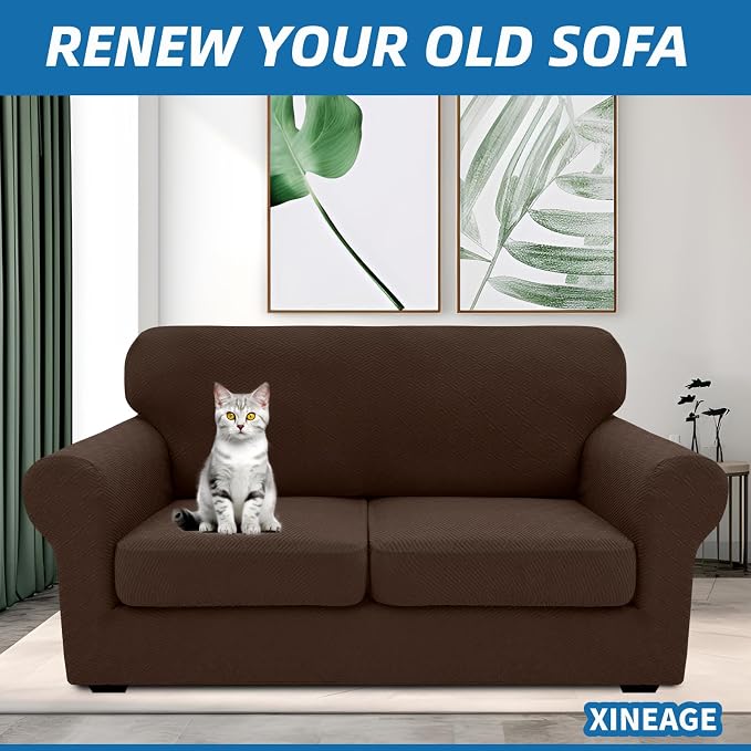 XINEAGE 2026 New 3 Pieces Couch Covers for 2 Cushion Sofa Super Stretch Loveseat Slipcover Pet Dog Universal Slip Cover Anti Slip Love Seat Furniture Protector (Coffee, 55"-69") - Image 4