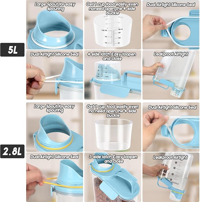LEAWALK Dog Food Storage Container, Upgraded Large Nozzle BPA-free, 3+5 LBS Plastic Pet Food Storage Containers, With 4 Sealed Clasps, 1 Measuring Cup and Handle (Bright blue) - Image 3