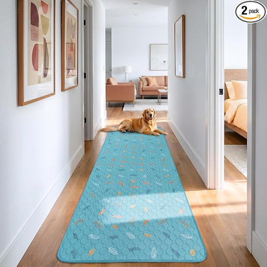 Sunheir Washable Pee Pads for Dogs Large 24" x 72" 2-Pack Reusable Puppy Pads Pet Training Pads, Absorb Dog Mats, Whelping Pad, Non-Slip Protects Against Urine Leakage, Runner Rug (Leaves - Sky Blue) by SUNHEIR