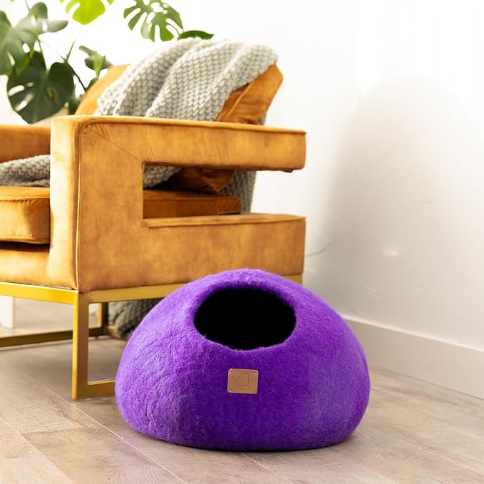 Best Aesthetic Cat Bed - Premium Felted Wool Cat Cave Bed - Cozy Peekaboo Round Cave for Large or Small Cats (Small, Plum Purple) - Image 3