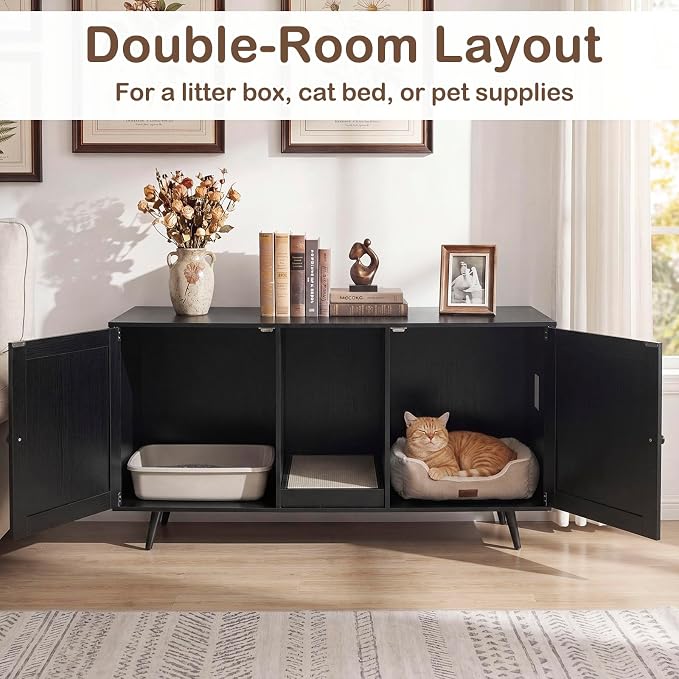 Tangkula Double Cat Litter Box Enclosure, Large Hidden Wooden Cat Cabinet for 2 Cats with Scratching Pad, Double Rooms, Versatile TV Stand Side Table for Indoor Living Room - Image 4
