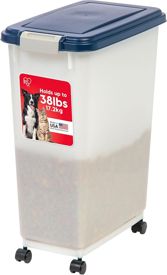 IRIS USA Airtight Dog Food Storage Container, Up to 38 lbs, Attachable Wheels, For Dog Cat Bird and Other Pet Food Storage Bin, Keep Fresh, Easy Mobility, BPA Free, Navy/Pearl by IRISUSA