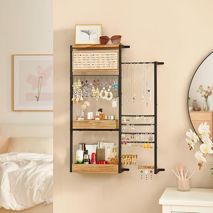 Pinzoveco Hanging Jewelry Organizer Wall Mounted, Large Hanging Jewelry Organizer Holder for Necklaces,Bracelest,Earrings,Rings,Watched,Makeup & Perfume (Black) - Image 7