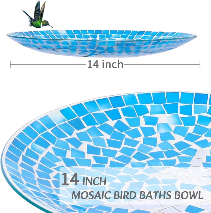 MUMTOP Mosaic Glass Bird Baths with Metal Stand Garden Decor, Dragonfly | 14 Inch Width 19.68 Inch Height Outdoor Garden Dragonfly Bird Bath Bowl, Unique Glass Birdbaths Bird Feeder for Yard Decor - Image 3
