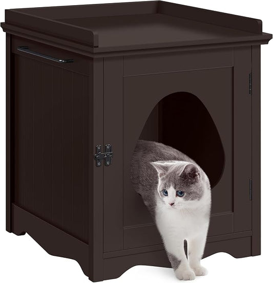 Yaheetech Cat Litter Box Enclosure, Hidden Litter Box Furniture with Side Towel Bar, Wooden Cat Washroom, Storage Cabinet, Indoor Pet House, Side Table Nightstand, Espresso by Unknown