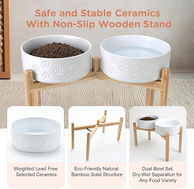 SPUNKYJUNKY Elevated Dog Bowls Ceramic, 8.3'' Dogs Food Water Bowls Raised with Non-Slip Bamboo Stand for Large Sized Breed Microwave Dishwasher Safe - 60 OZ,Paw White - Image 6