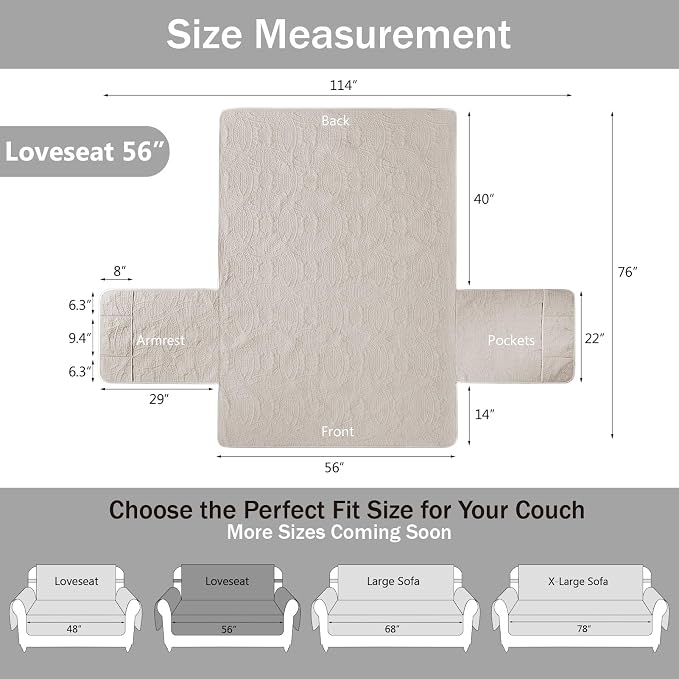 Beige Loveseat Covers for 2 Cushion Couch, Water-Repellent Covers for Sofa Couch, Machine Washable Love Seat Quilted Couch Covers, Pet Friendly Loveseat Slipcovers (Loveseat 56", Beige Cream) - Image 7