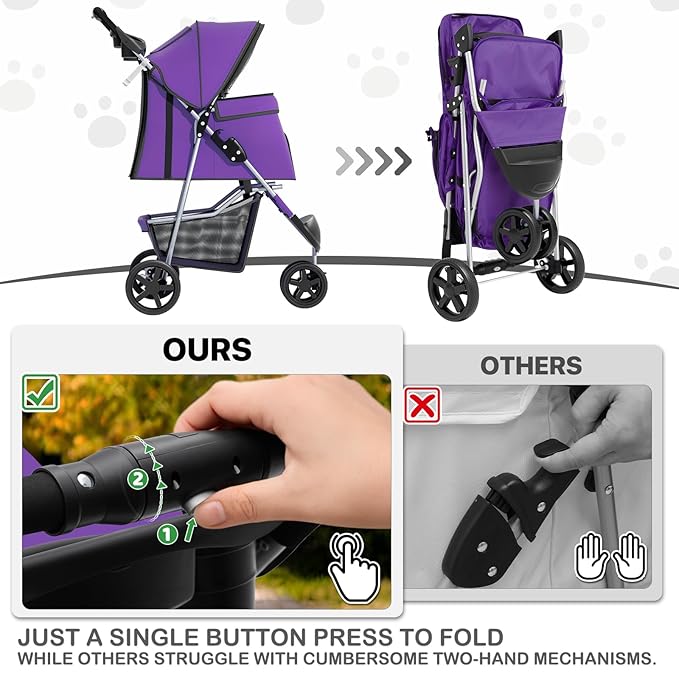 MoNiBloom 3 Wheels Pet Dog Cat Stroller for Small Medium Dogs Cats, Lightweight Foldable Jogger Stroller w/Storage Basket and Cup Holder, Purple