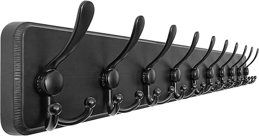 Dseap Coat Rack Wall - Heavy-Duty 38-1/4" Long, with Reinforced 10 Custom Tri-Hooks, Solid Wood Wall Hanger for Coats Hat Jackets - Rustic Farmhouse Entryway Hallway Storage, Black by Dseap