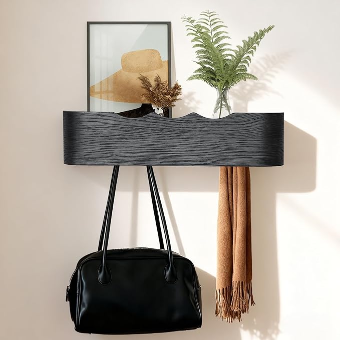 Coat Rack Wall Mount with Shelf Entryway Shelf Modern Key Holder Hanger Wall Shelves with Hidden Hooks for Hanging Towels Coats Hats Bags for Hallway Bathroom Bedroom (Wavy Black, 4 Hooks) by FURNAWAY