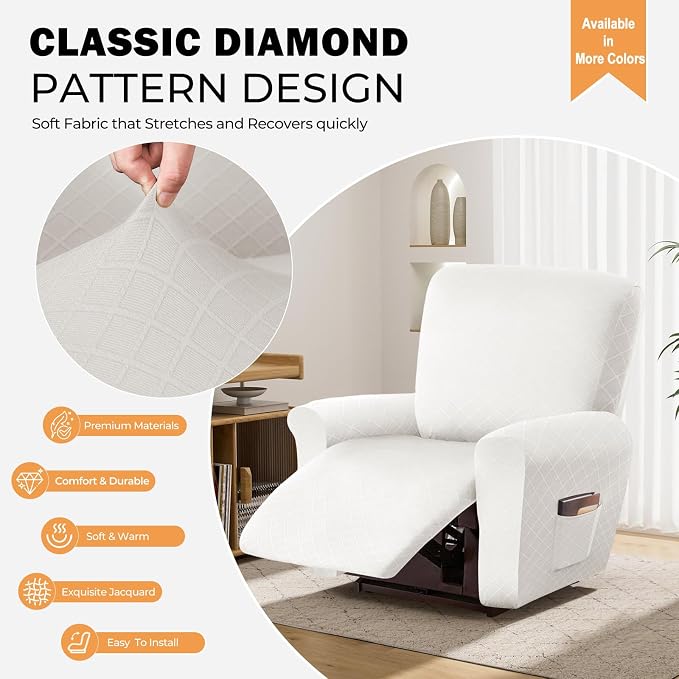 vctops Diamond Recliner Cover 4-Pieces Recliner Stretch Sofa Slipcover 1 Seater Couch Protector Soft Solid Furniture Protector Covers with Elastic Strap (White,1 Seat) - Image 3