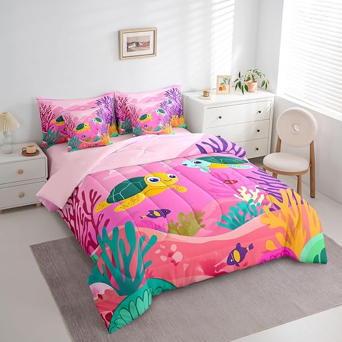 Erosebridal King Size Cartoon Turtle 7-Piece Bedding Set for Kids, Ocean Life Tortoise Bed in A Bag, Sea Animal Comforter Set with Sheets, Colourful Coral Bedding Comforter Sets, Pink - Image 2