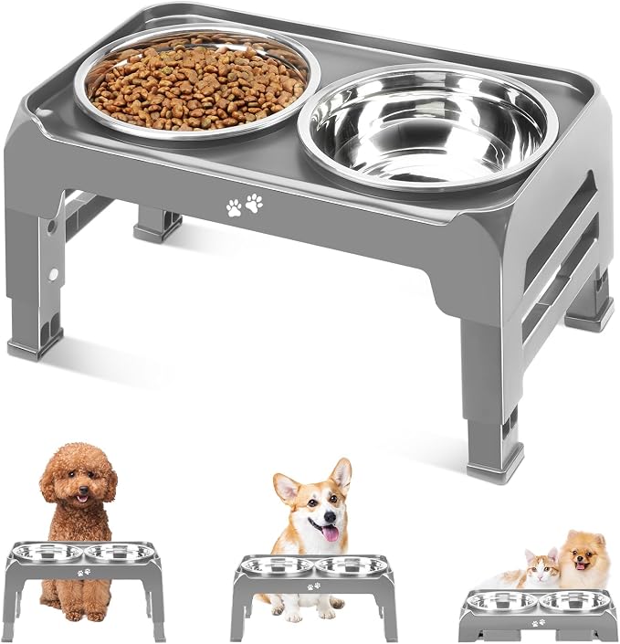 COMESOON Elevated Dog Bowls for Small Medium Dogs, 3 Height Adjustable Raised Stand with 2 Thick 6" Stainless Steel Food Bowls, Non-Slip Feeder Adjusts to 2.75", 6", 7.5", Grey by COMESOON