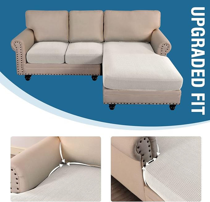 H.VERSAILTEX Sectional Couch Covers 3 Pieces Sofa Seat Cushion Covers L Shape Separate Cushion Couch Chaise Cover for Both Left/Right Sectional Couch (Seat Only: 1 Chaise + 2 Sofa, Ivory) - Image 7
