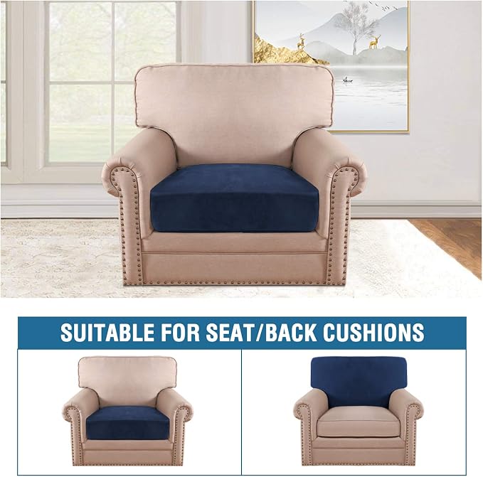 H.VERSAILTEX Velvet Stretch Couch Cushion Cover Plush Cushion Slipcover for Chair Cushion Furniture Protector Seat Cushion Sofa Cover (1 Piece Armchair Cushion Covers, Navy) - Image 3