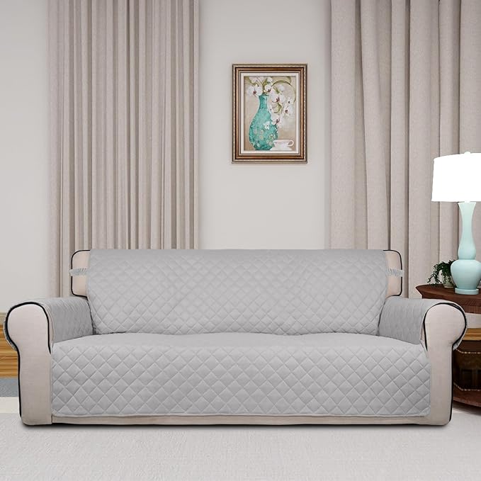 PureFit Reversible Quilted Couch Covers for Dogs Oversized Sofa Cover 78” | Light Gray/Light Gray, Water Resistant Couch Protector, Washable Pet Couch Cover with Non Slip and Elastic Straps For Kids - Image 2