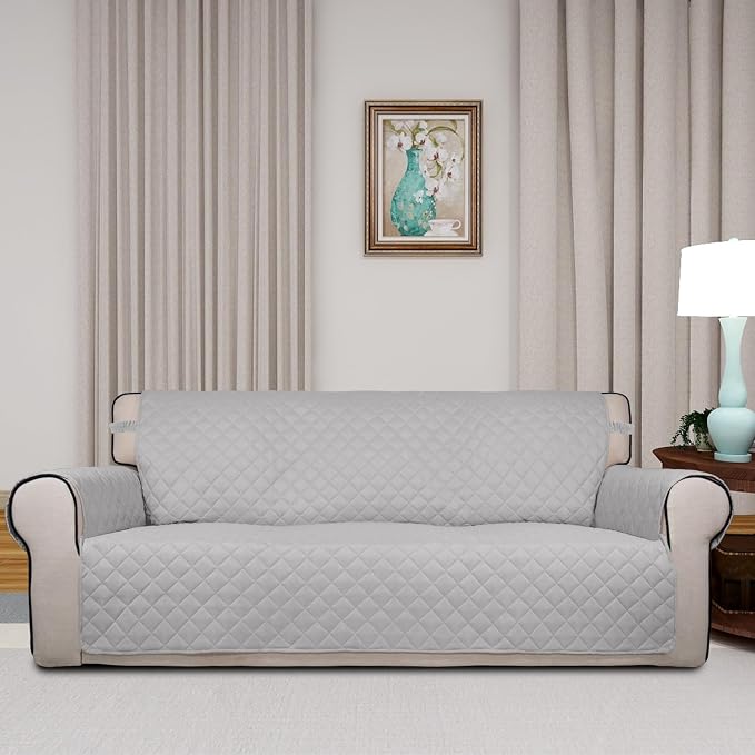 PureFit Reversible Quilted Sofa Cover Dog Couch Covers for Sofa, 66 in | Light Gray/Light Gray, Water Resistant Couch Protector, Washable Pet Couch Cover with Non Slip and Elastic Straps For Kids - Image 2