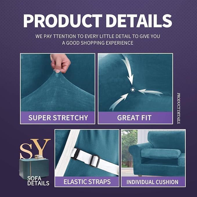 ZNSAYOTX Luxury Velvet Chair Slipcovers with Arm 2 Piece Stretch Chair Covers for Living Room Thick Soft Armchair Slipcover Anti Slip Pet Friendly Furniture Protector (Peacock Blue),30"-47"(1 CUSHION) - Image 4