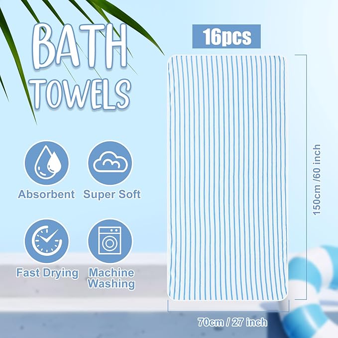 SmoothNovelty 16 Pack Microfiber Bath Towels Bulk 27'' x 60'' Oversized Size Bath Towel Highly Absorbent Extra Large Soft Drying for Beach Shower Summer Salon Sport Gym Party (Stripes,Blue) - Image 2