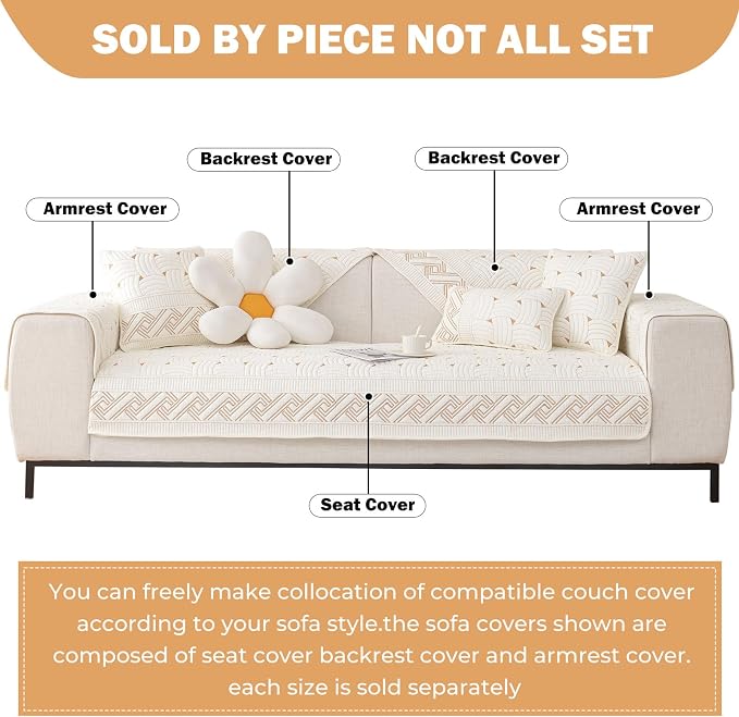 vctops Solid Color Cotton Quilted Sofa Couch Cover Weave Pattern Soft Sectional Couch Covers Embroidery Non-Slip Sofa Slipcover for Dogs, Children, Pets Furniture Protector (Cream,36"x63") - Image 2