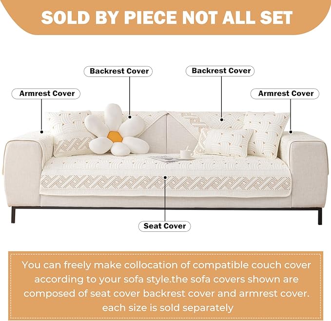 vctops Solid Color Cotton Quilted Sofa Couch Cover Weave Pattern Soft Sectional Couch Covers Embroidery Non-Slip Sofa Slipcover for Dogs, Children, Pets Furniture Protector (Cream,36"x36") - Image 2