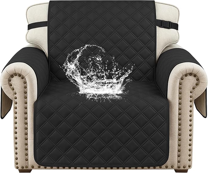 Waterproof Chair Covers for Living Room, Sofa Covers for Pets Washable with Side Pockets, Non Slip Couch Covers for Dogs, Quilted Dog Couch Cover with Elastic Straps (Armchair, Black) by CYCMACOHOME