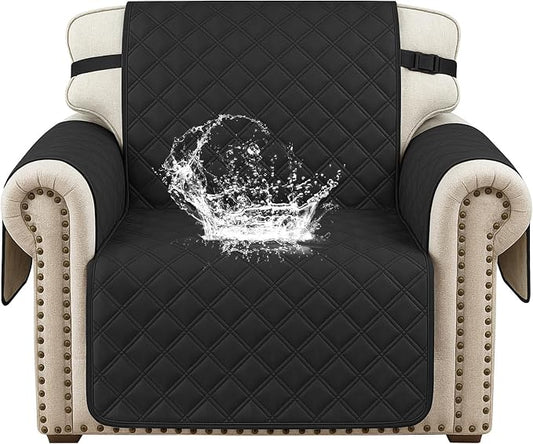 Waterproof Chair Covers for Living Room, Sofa Covers for Pets Washable with Side Pockets, Non Slip Couch Covers for Dogs, Quilted Dog Couch Cover with Elastic Straps (Armchair, Black) by CYCMACOHOME