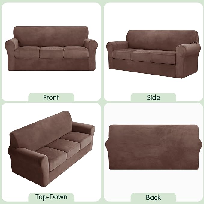 CHUN YI 4 Piece Velvet Couch Covers for 3 Cushion Couch, Water Resistant Non Slip Sofa Slipcover, High Stretch Thick Furniture Protector for Dogs Pets, Large, Brown - Image 5