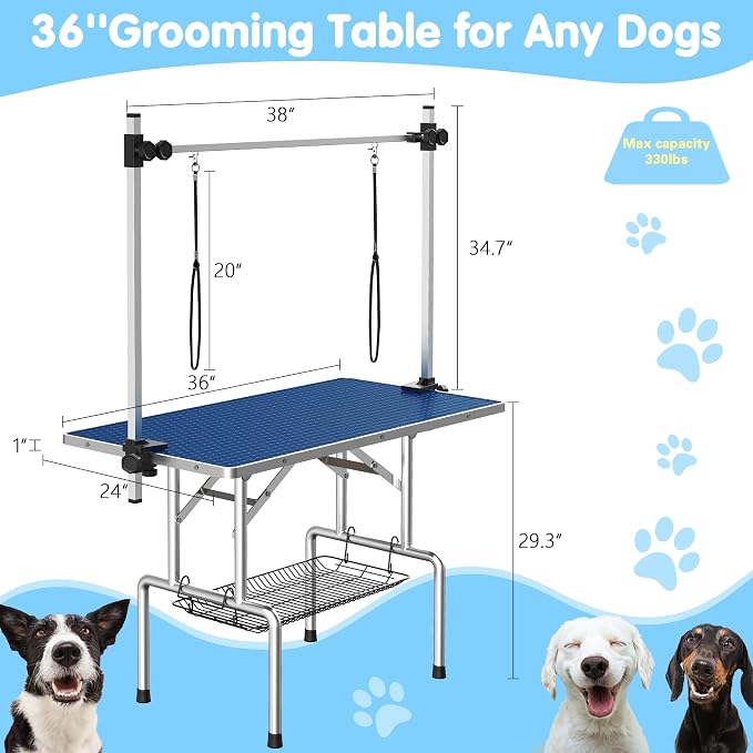 Lyromix 36'' Foldable Dog Grooming Table with Arms/Nooses/Mesh Tray, Blue | Stainless Steel Grooming Table for Dogs at Home, Adjustable Pet Bathing Station, Non-Slip Waterproof Tabletop, Capacity 330Lb - Image 6