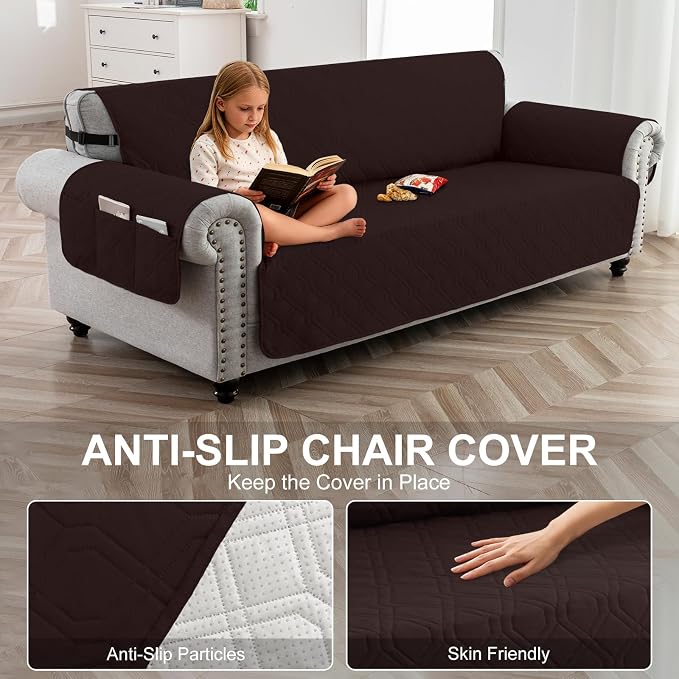 100% Waterproof Quilted Couch Cover,Straps&Pockets,78" Chocolate | Washable sofa cover, pet-friendly, scratch-resistant furniture protector, quilted sofa cover, reversible, non-slip backing. - Image 4