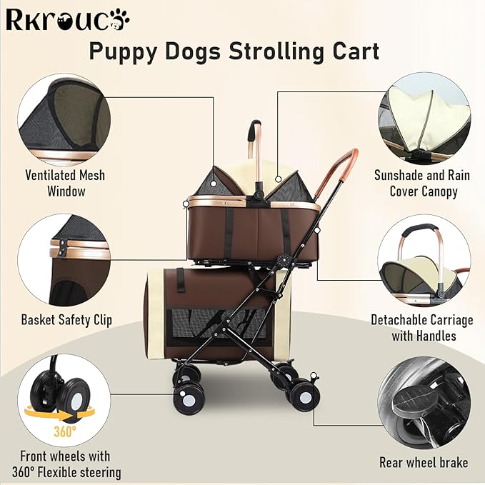 Foldable Double Pets Stroller for Dog Portable Cat Strollers for Small Medium Pet with Detachable Carriers Flexible Lockable Wheels Lightweight Dogs Jogger Strolling Cart Up to 77Lbs (Brown)