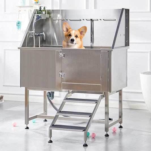 Albott 50 Inch Stainless Steel Dog Washing Station with Non-Slip Steps, Sprayer, Faucet, Soap Box – Professional Pet Bathtub for Small and Medium Pets, Use at Home, Garage, or Grooming (Right Door) by Albott