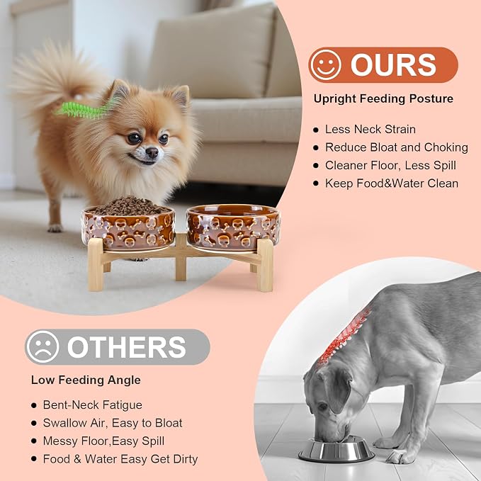 SPUNKYJUNKY Elevated Dog Bowls Ceramic, 5.1'' Dogs and Cat Food Water Bowls Raised with Non-Slip Bamboo Stand for Puppy Small Sized Breed Microwave Dishwasher Safe - 13.5 OZ,Skull Bronze - Image 3