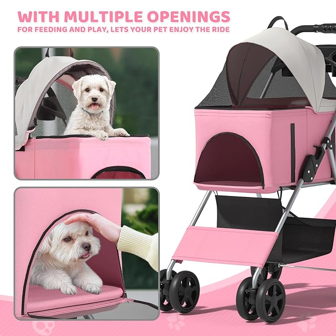Magshion Foldable Pet Stroller, 3-in-1 Dog Travel Jogger with Detachable Carrier, Cup Holder, Storage Basket, Folding Carrier for Small/Medium Dogs & Cats Up to 33 lbs, Pink