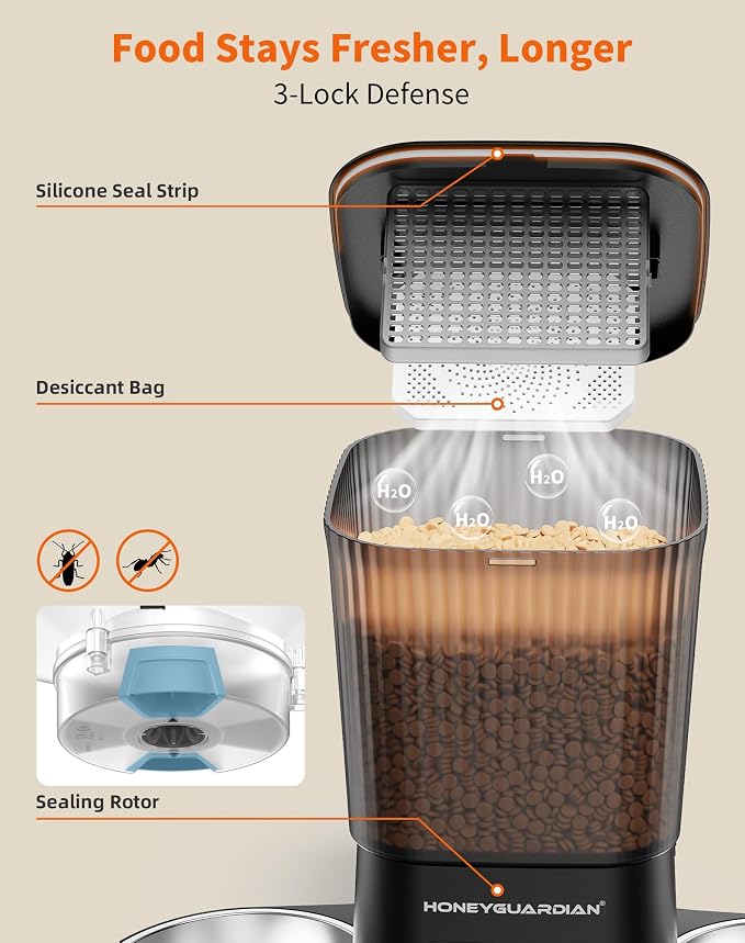 HoneyGuardian Automatic Cat Feeder for 2 Cats, Automatic Cat Food Dispenser, Timed Pet Feeder for Cats and Dogs, Desiccant Bag, Programmable Portion Control,10s Voice Recorder - Image 6