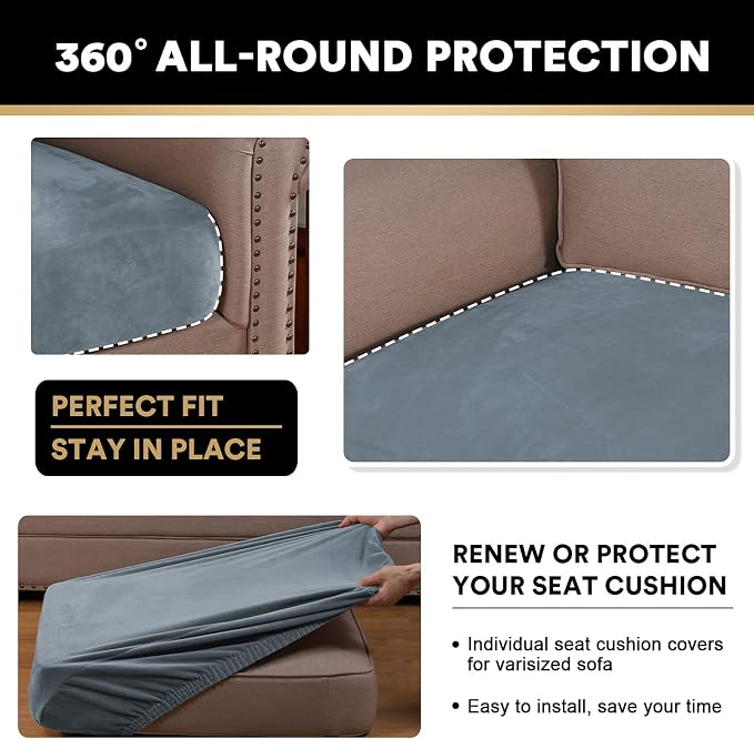 PrinceDeco Velvet Stretch Couch Cushion Cover Soft Cushion Slipcover for Chair Loveseat Sofa Furniture Protector Seat Cushion Sofa Cover (Each Width Up to 29.5", Stone Blue) - Image 7